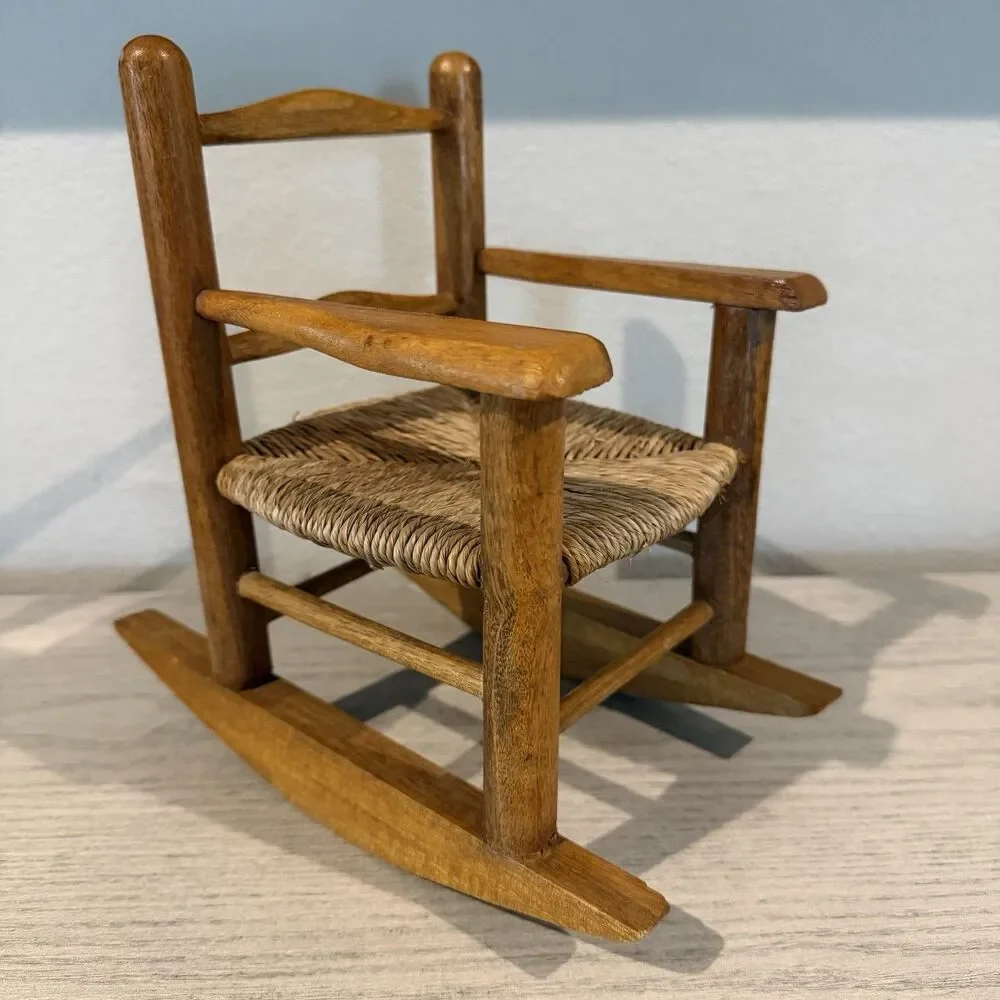 VINTAGE SMALL BROWN WOOD ROCKING CHAIR‎ HANDCRAFTED WICKER 9